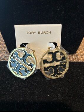 Tory Burch Gold-tone Round Logo Drop Earrings with Black Enamel